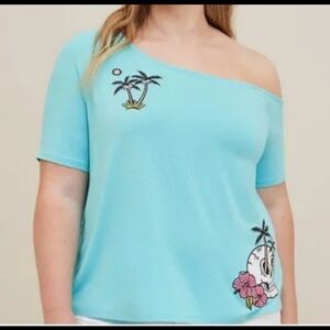 Torrid Light Blue Off-Shoulder Tee with Tropical Embroidery. Size 3.